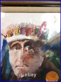 18 x 22 Vintage Native American Chief WATERCOLOR Framed Memento Mori Indian