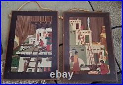2 Signed AD 3D wooden art SW Indians Native American Pueblo Dwellings Fred Harv