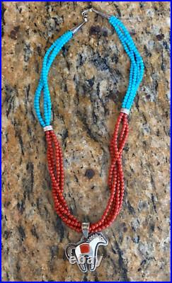 4 Strand Turquoise and Coral Beaded Necklace w Signed Dina Huntinghorse Pendant