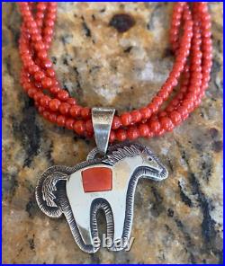 4 Strand Turquoise and Coral Beaded Necklace w Signed Dina Huntinghorse Pendant