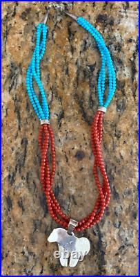 4 Strand Turquoise and Coral Beaded Necklace w Signed Dina Huntinghorse Pendant
