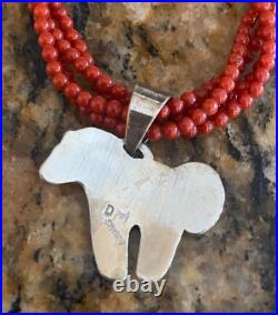 4 Strand Turquoise and Coral Beaded Necklace w Signed Dina Huntinghorse Pendant