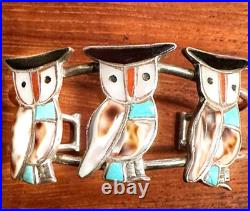 70s ZUNI INLAY 3 Owl Sterling BRACELET + RING Turquoise Coral Onyx INLAID Sweet
