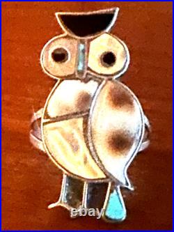 70s ZUNI INLAY 3 Owl Sterling BRACELET + RING Turquoise Coral Onyx INLAID Sweet