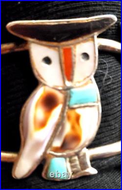 70s ZUNI INLAY 3 Owl Sterling BRACELET + RING Turquoise Coral Onyx INLAID Sweet