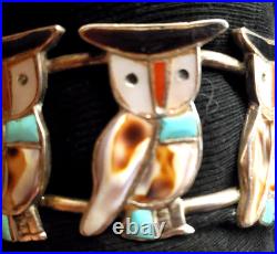 70s ZUNI INLAY 3 Owl Sterling BRACELET + RING Turquoise Coral Onyx INLAID Sweet