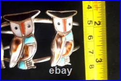 70s ZUNI INLAY 3 Owl Sterling BRACELET + RING Turquoise Coral Onyx INLAID Sweet