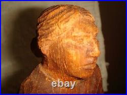 ANTIQUE 139.6 gram HAND CARVED WOOD NATIVE AMERICAN SEATED SQUAW FIGURE signed