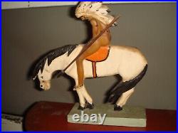 ANTIQUE PRIMITIVE 11 1/2 FOLK ART CARVED & PAINTED WOOD INDIAN CHIEF on HORSE