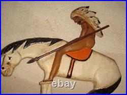 ANTIQUE PRIMITIVE 11 1/2 FOLK ART CARVED & PAINTED WOOD INDIAN CHIEF on HORSE