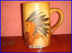 ANTIQUE PRIMITIVE HAND PAINTED NATIVE AMERICAN CHIEF POTTERY MUG 568 grams