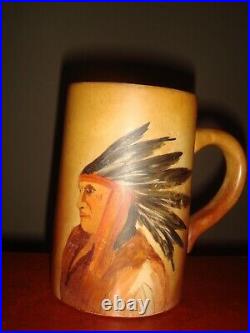 ANTIQUE PRIMITIVE HAND PAINTED NATIVE AMERICAN CHIEF POTTERY MUG 568 grams