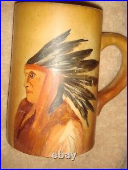 ANTIQUE PRIMITIVE HAND PAINTED NATIVE AMERICAN CHIEF POTTERY MUG 568 grams