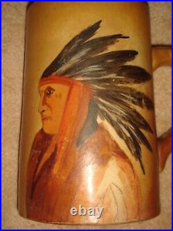 ANTIQUE PRIMITIVE HAND PAINTED NATIVE AMERICAN CHIEF POTTERY MUG 568 grams