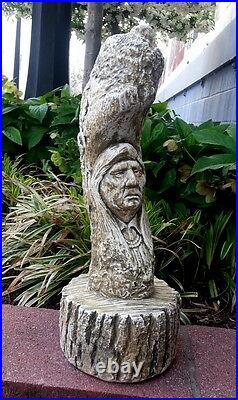 American Indian Native American On Tree Trunk Chief Statue Sculpture