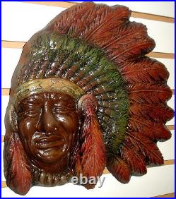 American Indian Native American Style Chief Headdress Wall Plaque Sculpture