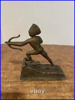 Antique Brass Native American Indian Chief Statue W Bow & Arrow