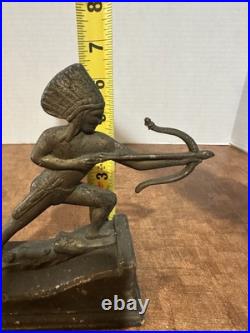 Antique Brass Native American Indian Chief Statue W Bow & Arrow