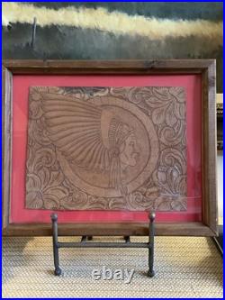 Antique Hand TOOLED LEATHER FOLK ART Rare ORIGINAL NATIVE American Indian Chief