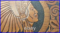 Antique Hand TOOLED LEATHER FOLK ART Rare ORIGINAL NATIVE American Indian Chief