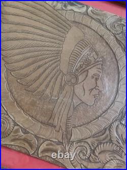 Antique Hand TOOLED LEATHER FOLK ART Rare ORIGINAL NATIVE American Indian Chief