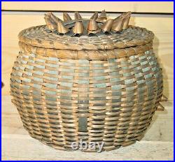 Antique Maine Micmac Indian Style Fancy Lidded Sewing Basket 2 Colors Curly Ash