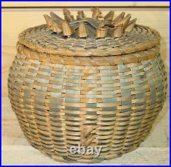 Antique Maine Micmac Indian Style Fancy Lidded Sewing Basket 2 Colors Curly Ash
