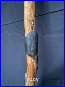 Antique Native American Cedar Wood Carved Bear Rattle snake Folk Art Cane Stick