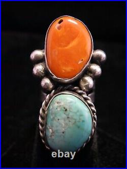 Antique Native American Indian TURQUOISE CORAL STERLING RING size 6. D1222