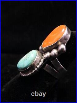 Antique Native American Indian TURQUOISE CORAL STERLING RING size 6. D1222