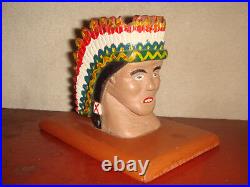 Antique Primitive Folk Art Carved & Painted Wood Native American Chief Bust