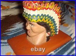 Antique Primitive Folk Art Carved & Painted Wood Native American Chief Bust