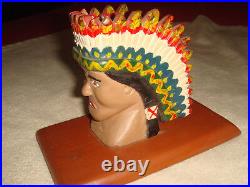 Antique Primitive Folk Art Carved & Painted Wood Native American Chief Bust