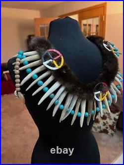 Authentic Native American Otter Necklace POWWOW Quill Turquoise Claw Deer Pawnee