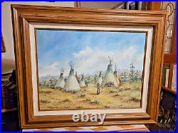 BEAUTIFUL O/C NATIVE AMERICAN INDIAN LANDSCAPE PAINTING by ARTIST B. GUZMAN'83