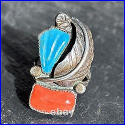 Bernadette Eustace Cochiti Sterling Silver Turquoise Coral Leaf Ring vintage 6.5