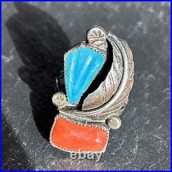 Bernadette Eustace Cochiti Sterling Silver Turquoise Coral Leaf Ring vintage 6.5