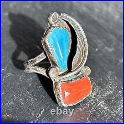 Bernadette Eustace Cochiti Sterling Silver Turquoise Coral Leaf Ring vintage 6.5