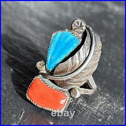 Bernadette Eustace Cochiti Sterling Silver Turquoise Coral Leaf Ring vintage 6.5