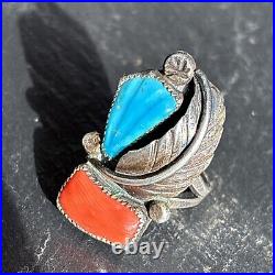 Bernadette Eustace Cochiti Sterling Silver Turquoise Coral Leaf Ring vintage 6.5