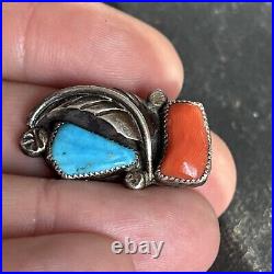 Bernadette Eustace Cochiti Sterling Silver Turquoise Coral Leaf Ring vintage 6.5