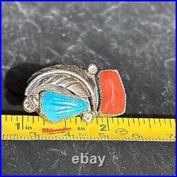 Bernadette Eustace Cochiti Sterling Silver Turquoise Coral Leaf Ring vintage 6.5