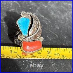 Bernadette Eustace Cochiti Sterling Silver Turquoise Coral Leaf Ring vintage 6.5