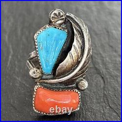 Bernadette Eustace Cochiti Sterling Silver Turquoise Coral Leaf Ring vintage 6.5