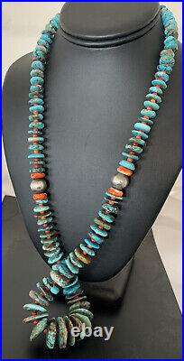 Blue Turquoise & Spiny Oyster Navajo Pearls Sterling Silver 28 Necklace 00330