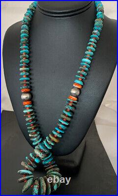 Blue Turquoise & Spiny Oyster Navajo Pearls Sterling Silver 28 Necklace 00330