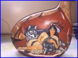 Ceramic Bisque Native American Indian Woman Wolves Jug Vase 12 x 15
