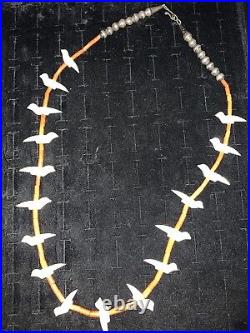 Estate Old Native American Zuni Fetish Coral & Mother Of Pearl Necklace 26in