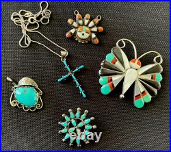 Five Pieces Of Signed, Silver And Turquoise Jewelry Navajo, Zuni