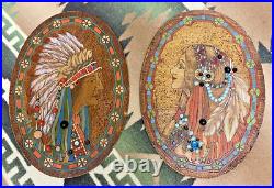 Flemish Art Co Native American Chief And Maid Pyrography Embellished Plaques